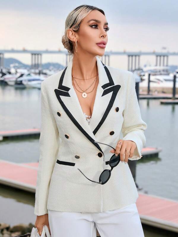 SHEIN BIZwear Contrast Trim Double Breasted Peak Collar Tweed Blazer
