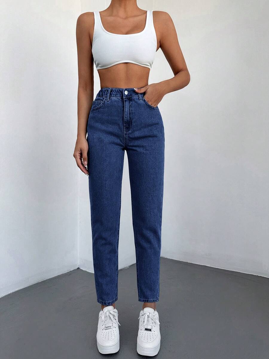 RueChic Thẳng Cao eo Denim Quần jean - Màu xanh hải quân - Xem 1