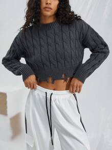 SHEIN EZwear Cable Knit Drop Shoulder Distressed Hem Crop Sweater - Dark Grey - View 3