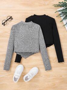 SHEIN Cô gái Tween 2 Miếng Cổ giả Viền khăn tay Ren Mộc nhĩ Áo thun - Nhiều màu - Xem 2