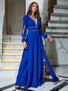 Contrast Mesh Split Sleeve Party Jumpsuit - Royal Blue - View 3