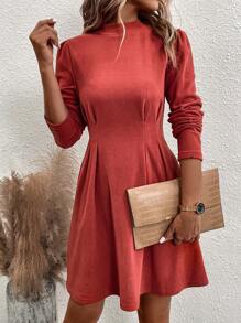 SHEIN Clasi Mock Neck Fold Pleated Detail Dress - Redwood - View 1