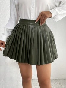 SHEIN PETITE 高腰百褶PU皮革半身裙 - 橄欖綠 - 查看 1