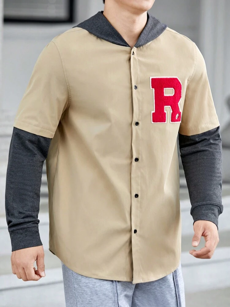 Loose Fit Men's Hooded 2-In-1 Shirt With Letter Patch