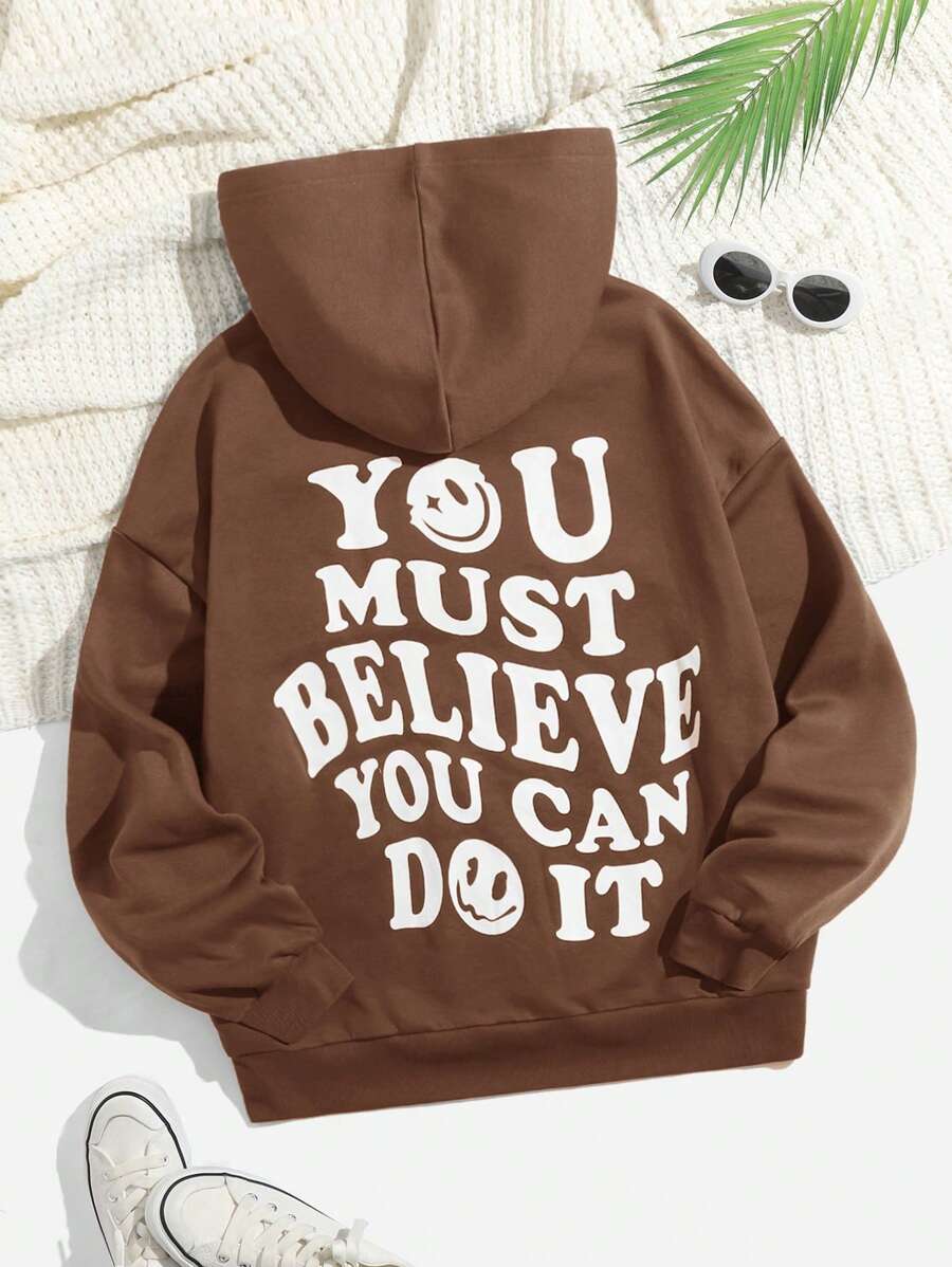 SHEIN EZwear Khẩu hiệu & Đồ họa Hoạt hình Thả vai Hoodie - Màu nâu Sô-cô-la - Xem 1