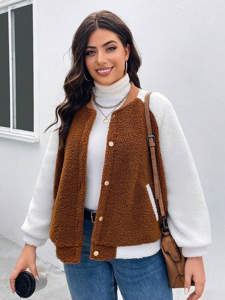 Plus Colorblock Raglan Sleeve Teddy Bomber Jacket