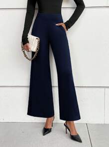 SHEIN LUNE 素色寬腰帶闊腿褲 - 藏蓝色 - 查看 6