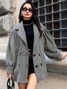 EURMUSE Herringbone Lantern Sleeve Woolen Coat - Multicolor - View 1