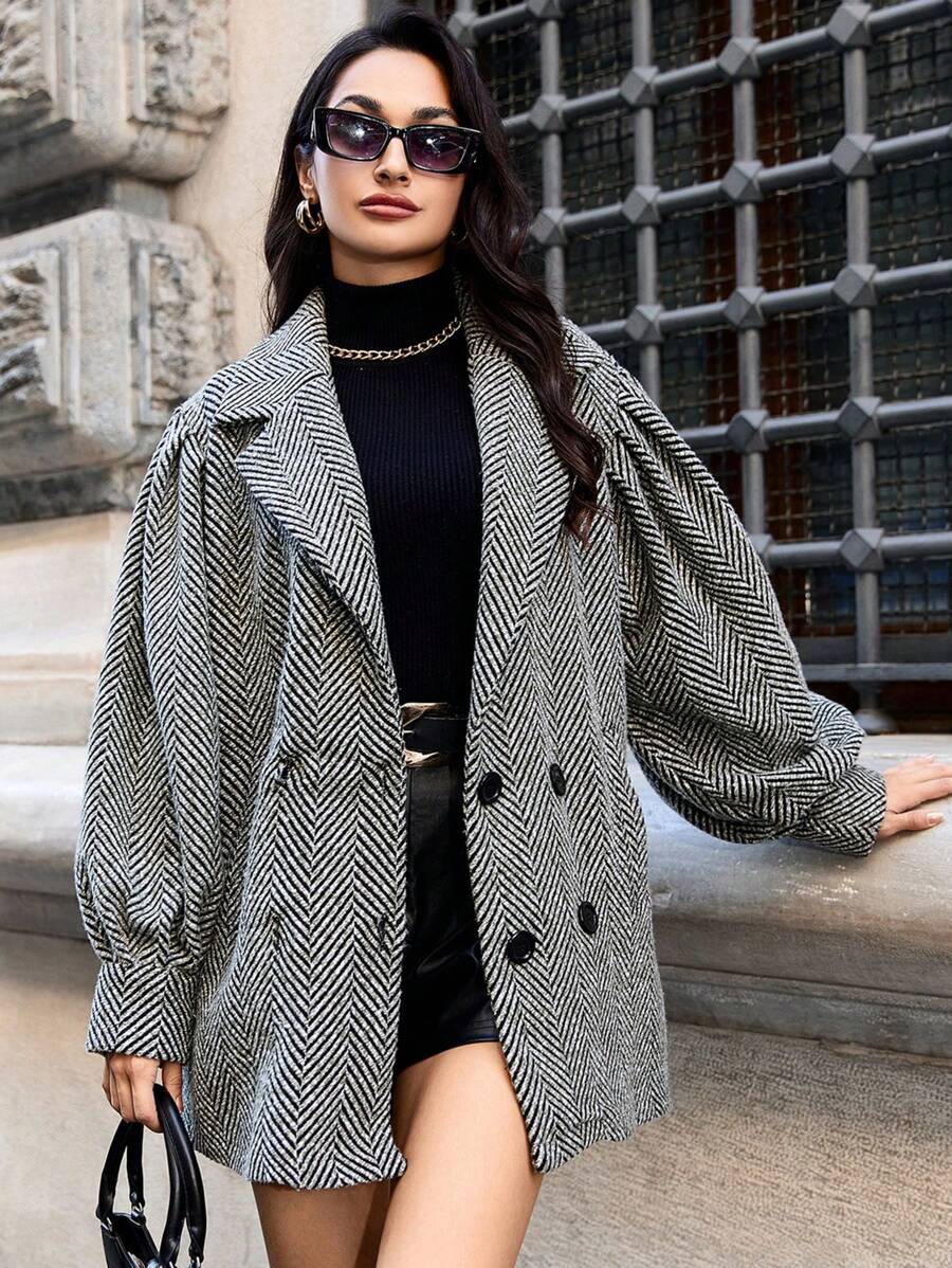 EURMUSE Herringbone Lantern Sleeve Woolen Coat - Multicolor - View 1