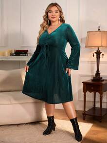 SHEIN Clasi Hơn Mặt trước dây rút Nhung Đầm - Màu xanh lá cây đậm - Xem 6