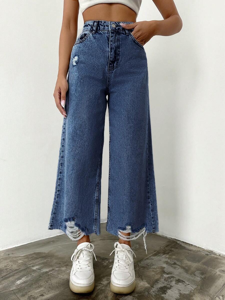Cottnline Ripped Raw Hem Wide Leg Jeans - Dark Wash - View 1