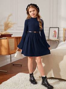 SHEIN Leap Crew Girls Textured Knit Stand Collar Flare Sleeve A-Line Vacation Dress - Navy Blue - View 3