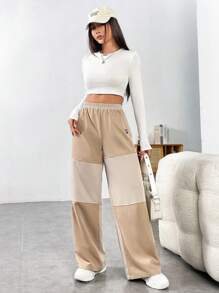 Muchica 字母補丁細節撞色闊腿褲 - 卡其色 - 查看 3