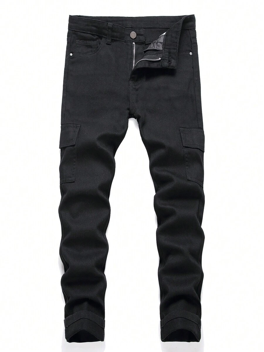 Pantalones cargo de mezclilla de unicolor informales para niño preadolescente - Negro - Ver 1