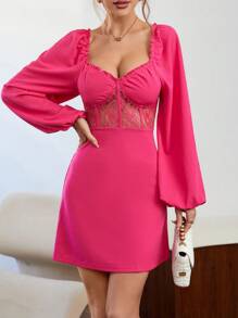 SHEIN Privé Ren tương phản Lá sen tỉa Tay áo lồng đèn Đầm ôm sát ngực - Màu Hồng Tươi - Xem 4