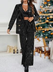 SHEIN Privé In sọc Đôi ngực Blazer & quần - màu đen - Xem 3