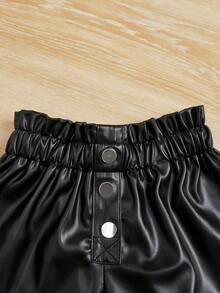 SHEIN Cô Gái Trẻ Nếp gấp cao eo Chi tiết Nút chất liệu da PU Quần short - màu đen - Xem 4