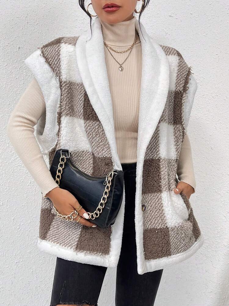 Plaid Teddy Fleece Vest Jacket With Turn-Down Collar Winter Casual Check