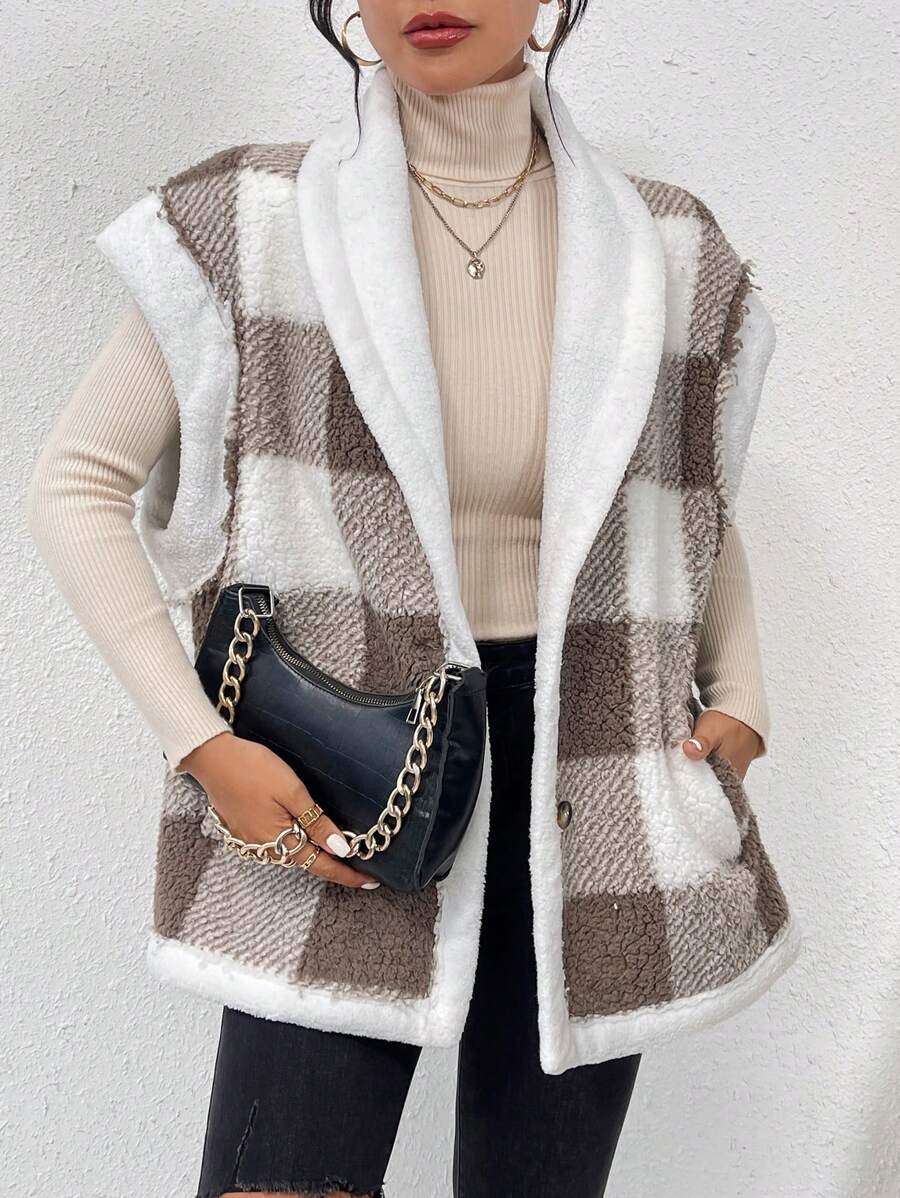 SHEIN Frenchy Plaid Teddy Fleece Vest Jacket With Turn-Down Collar Winter Casual Check - Multicolor - View 1