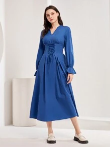 Mulvari Vestido de mujeres unicolor elegante de cintura con cordón