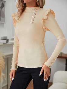 SHEIN Clasi Mock Neck Ruffle Trim Button Detail Ribbed Knit Tee - Apricot - View 5