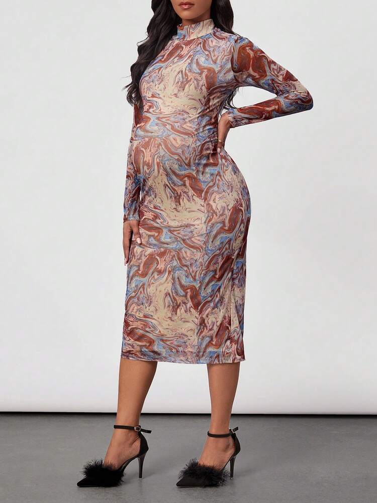 Maternity Marble Print Stand Collar Bodycon Dress