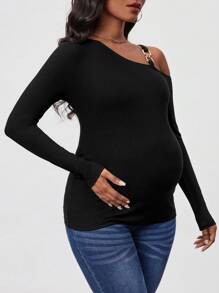SHEIN Pregnancy Asymmetrical Shoulder T-Shirt For Maternity - Black - View 5