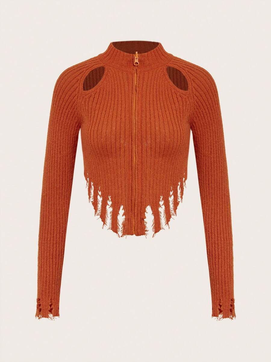 SHEIN ICON Cut Out Distressed Hem Raglan Sleeve Zipper Cardigan - Orange - View 1