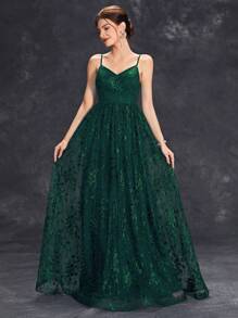 Contrast Sequin Mesh Elegant Cami Bridesmaid Dress - Dark Green - View 1