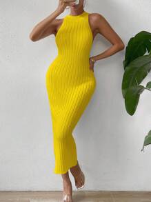 Chiquease Solid Ribbed Knit Sweater Dress - Yellow - View 4