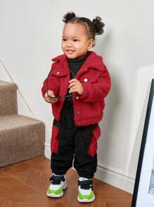 SHEIN Baby Girl Flap Pocket Teddy Coat & Pants Without Tee - Red - View 3