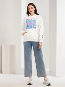 Mulvari Lettering And Architectural Kangaroo Pocket Drawstring Hooded Sweatshirt - White - View 4