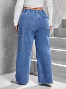 SHEIN Privé Hơn Túi vá quần ống rộng Quần jean - Rửa nhẹ - Xem 2