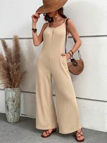 SHEIN VCAY Chất rắn Túi nghiêng Bộ áo liền quần Cami - Màu Khaki - Xem 1