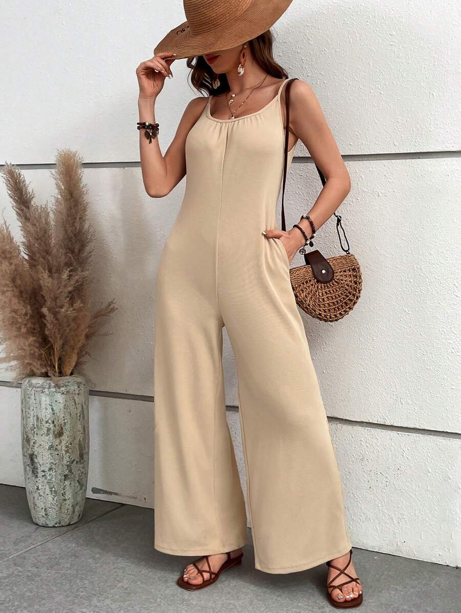 SHEIN VCAY Chất rắn Túi nghiêng Bộ áo liền quần Cami - Màu Khaki - Xem 1