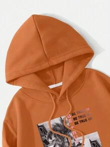 SHEIN EZwear 热带字母印花抽绳连帽衫，带保暖衬里 - 珊瑚橙 - 查看 4