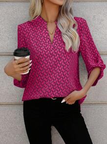 SHEIN LUNE Allover Print Notched Neck Roll Tab Sleeve Blouse - Hot Pink - View 4