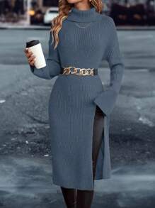 SHEIN Essnce Turtleneck Drop Shoulder Split Hem Sweater Without Belt - Blue - View 1