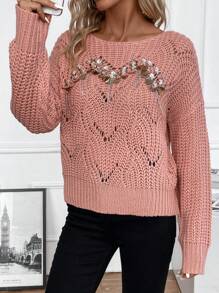 SHEIN LUNE 亮片装饰落肩镂空针织套头衫秋冬毛衣 - 西瓜粉 - 查看 5