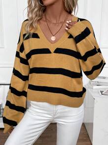 SHEIN LUNE Suéter de punto con hombros caídos y patrón de rayas para otoño e invierno - Multicolor - Ver 5