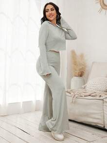 SHEIN SXY Solid Hooded Tee & Flare Leg Pants - Grey - View 4