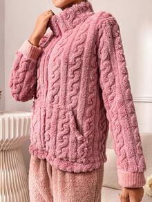 Zip Up Flannelette Lounge Top - Dusty Pink - View 4