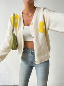 SHEIN Essnce 花卉圖案落肩袖開襟衫 - 白色 - 查看 3