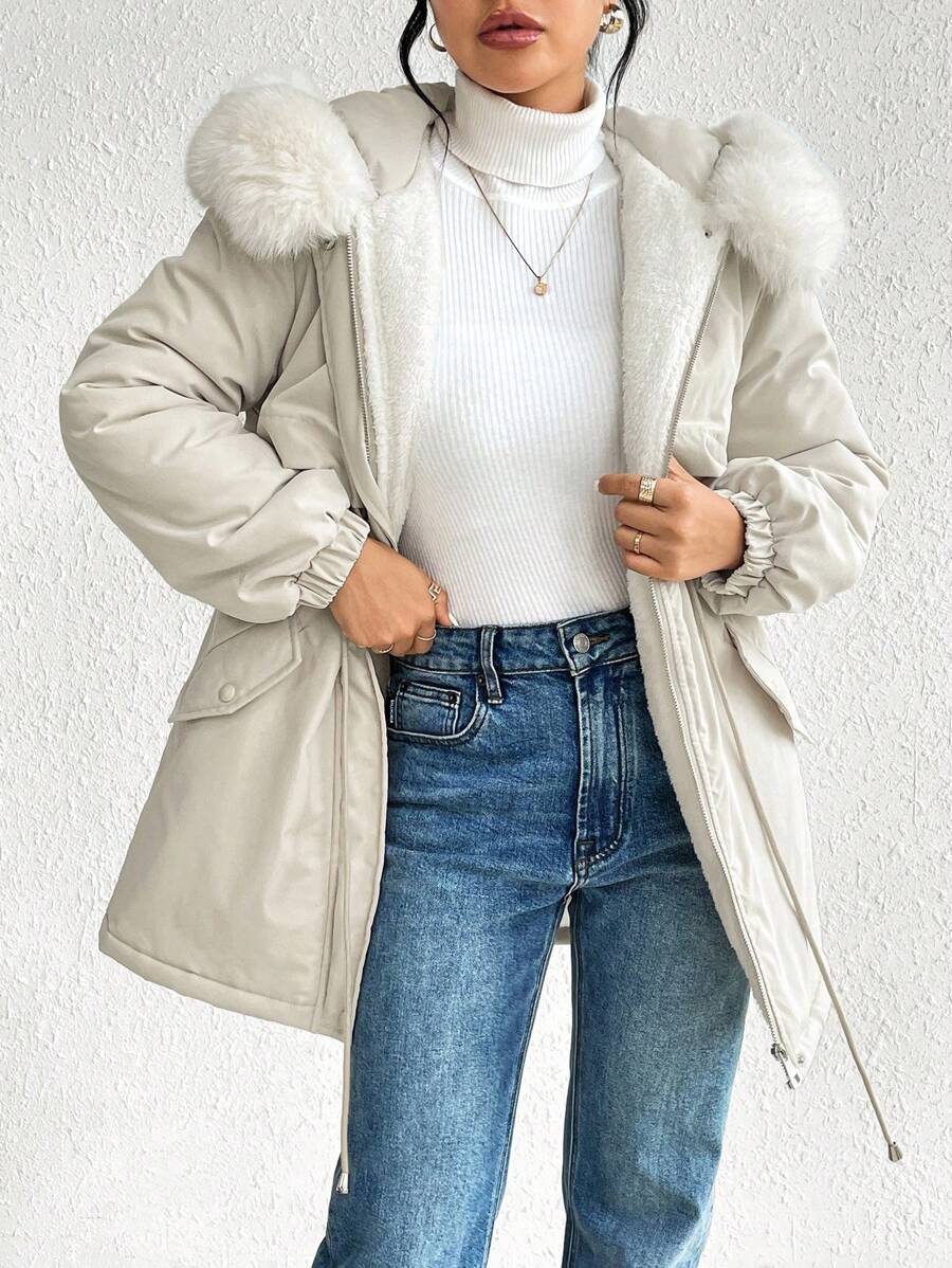 SHEIN Essnce Eo dây rút Trang trí Fuzzy áo có mũ Áo khoác Parka - Màu Khaki - Xem 1