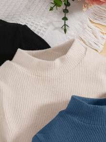 SHEIN Baby Girl 3pcs Solid Mock Neck Ribbed Knit Tee - Multicolor - View 3