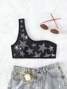 Rhinestone Star Pattern One Shoulder Bikini Top - Black - View 1