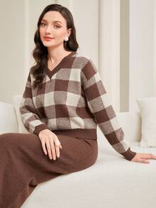 Mulvari Họa tiết kẻ sọc trâu Sweater & Knit Skirt - Cà phê nâu - Xem 6