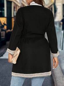 SHEIN LUNE Plus Contrast Trim Belted Coat - Black - View 2