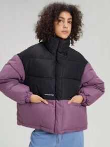 Letter Graphic Colorblock Padded Coat - Purple - View 1