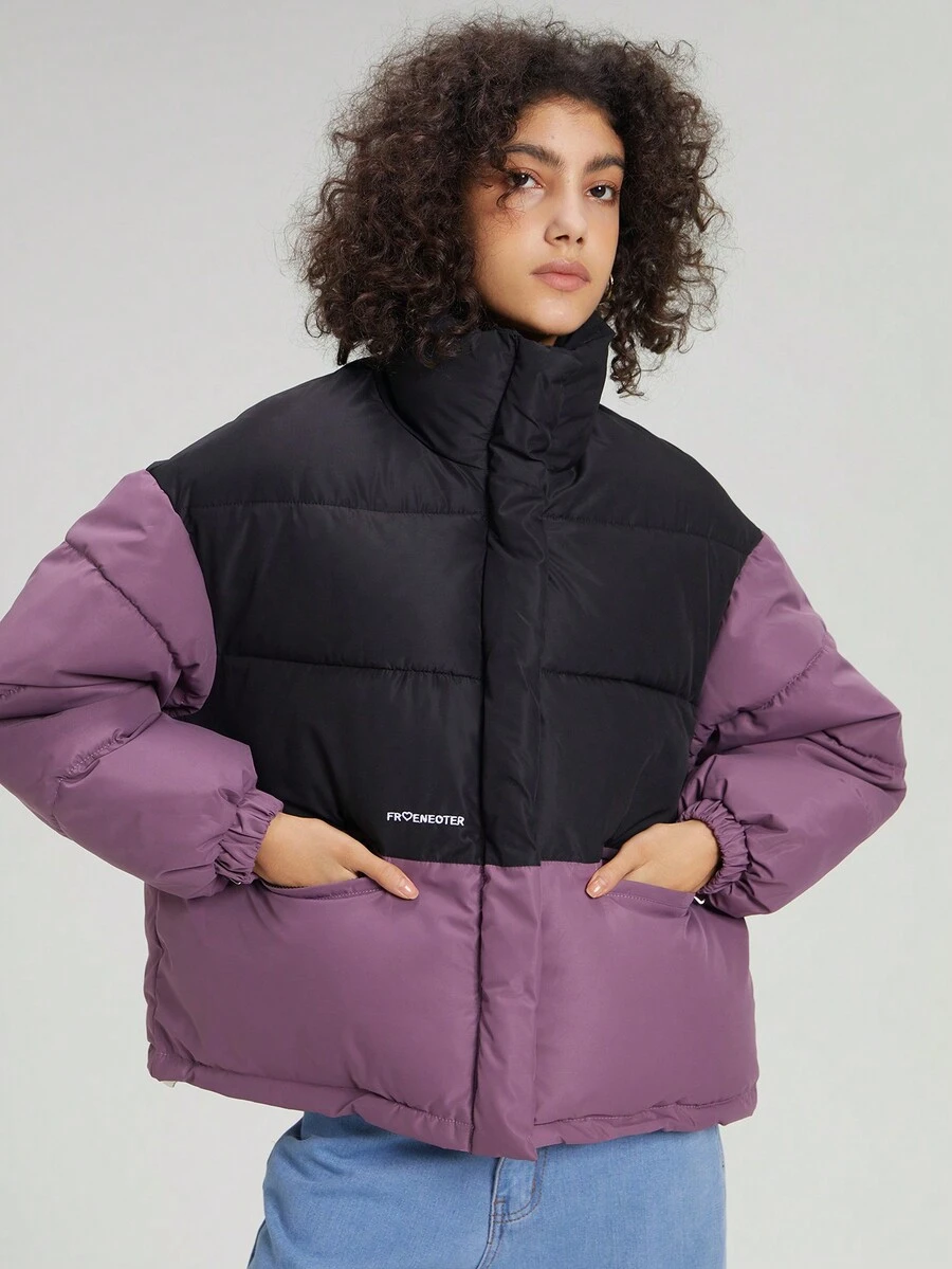 Letter Graphic Colorblock Padded Coat - Purple - View 1